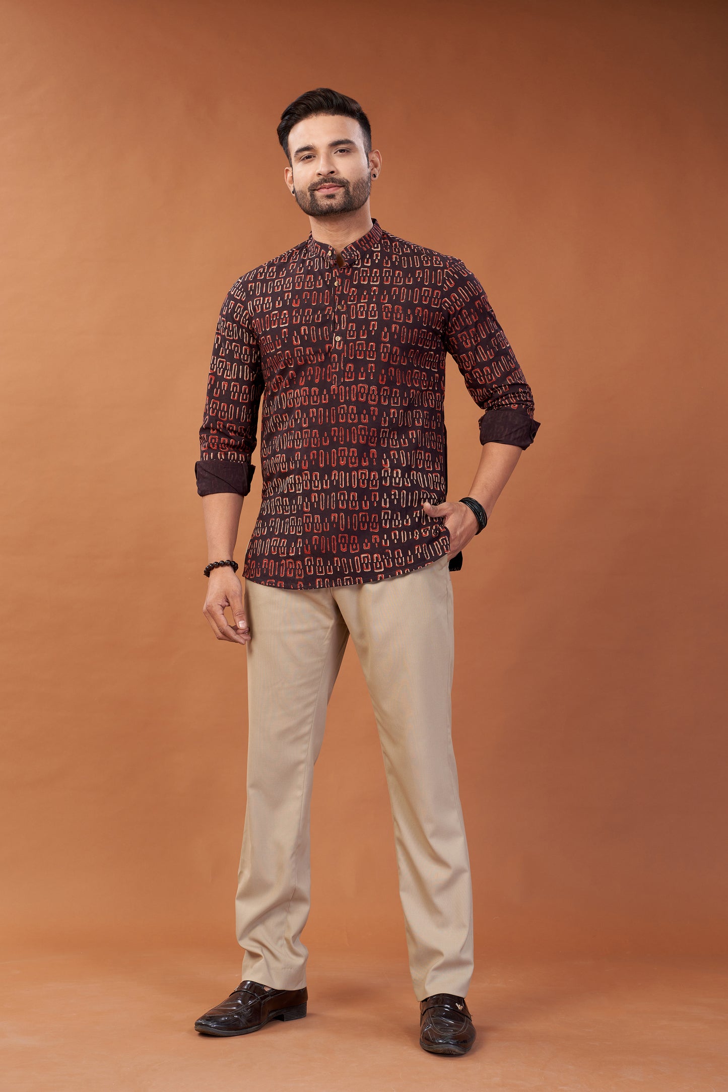 Ajrakh Dark Maroon Kurta Shirt - Dedhia House