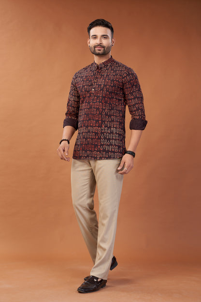 Ajrakh Dark Maroon Kurta Shirt - Dedhia House