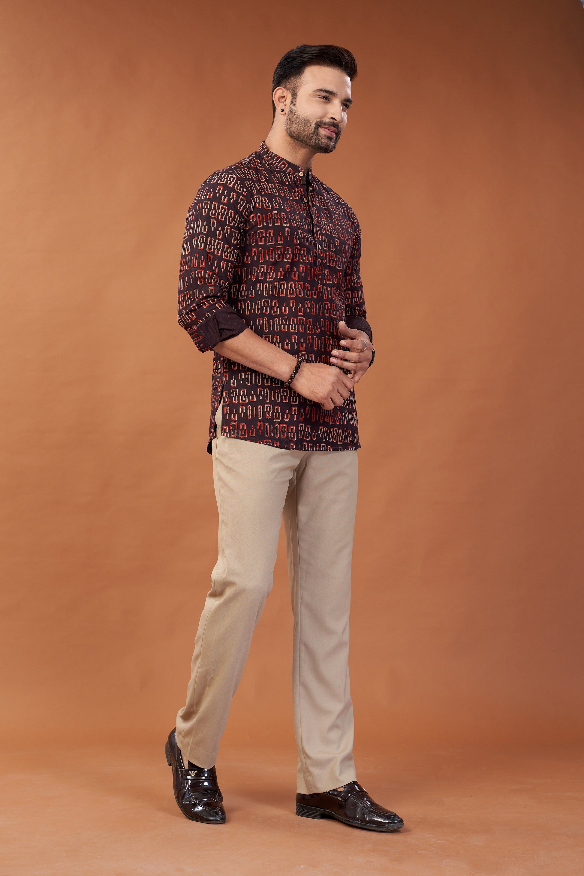 Ajrakh Dark Maroon Kurta Shirt - Dedhia House