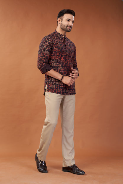 Ajrakh Dark Maroon Kurta Shirt - Dedhia House
