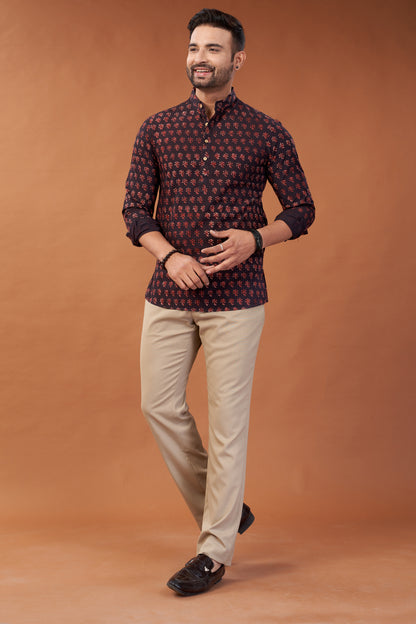 Ajrakh Maroon Kurta Shirt - Dedhia House