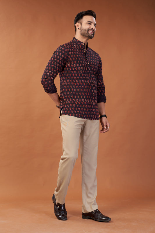Ajrakh Maroon Kurta Shirt - Dedhia House