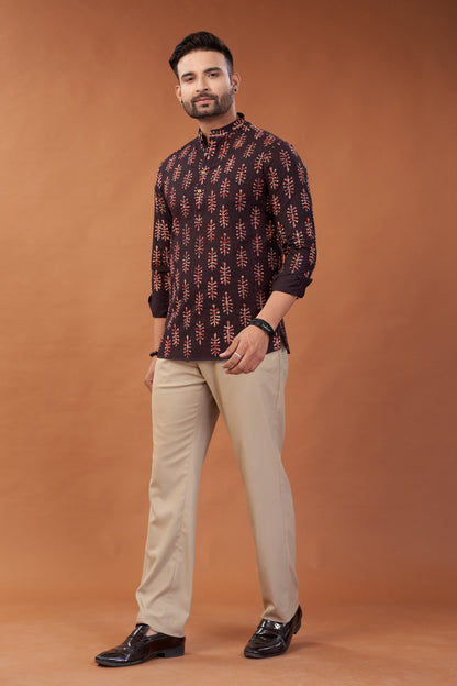Ajrakh Maroon Kurta Shirt - Dedhia House