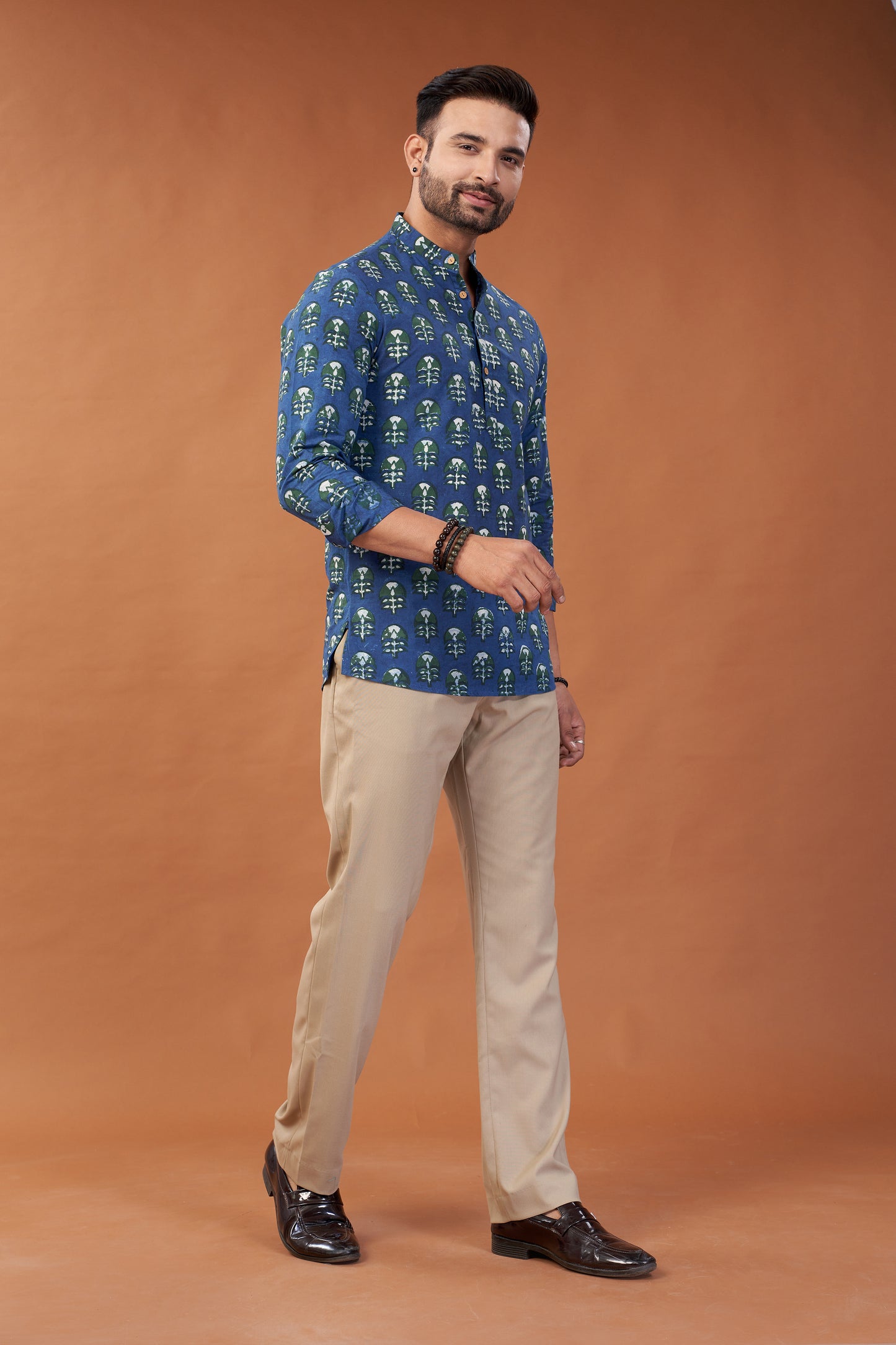 Ajrakh Blue Abstract Kurta Shirt - Dedhia House