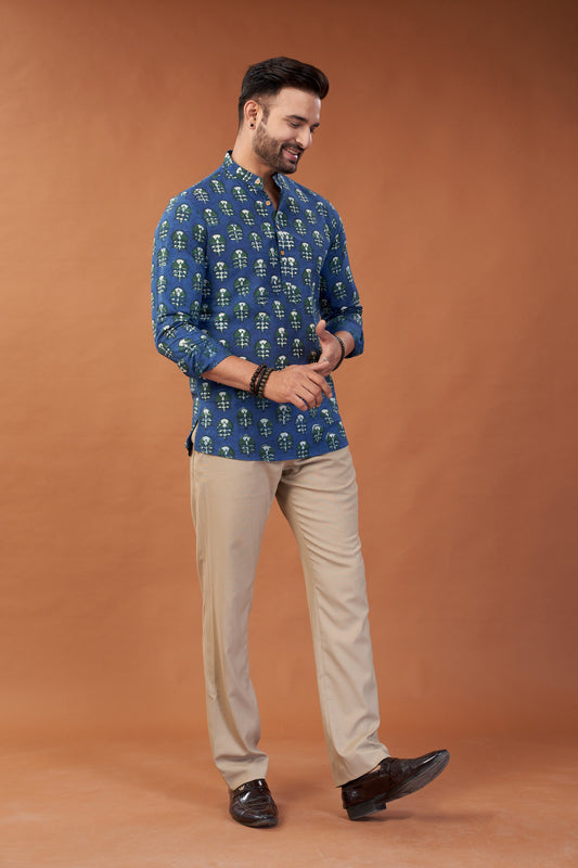 Ajrakh Blue Abstract Kurta Shirt - Dedhia House