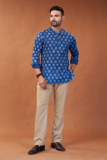 Ajrakh Blue Floral Kurta Shirt - Dedhia House