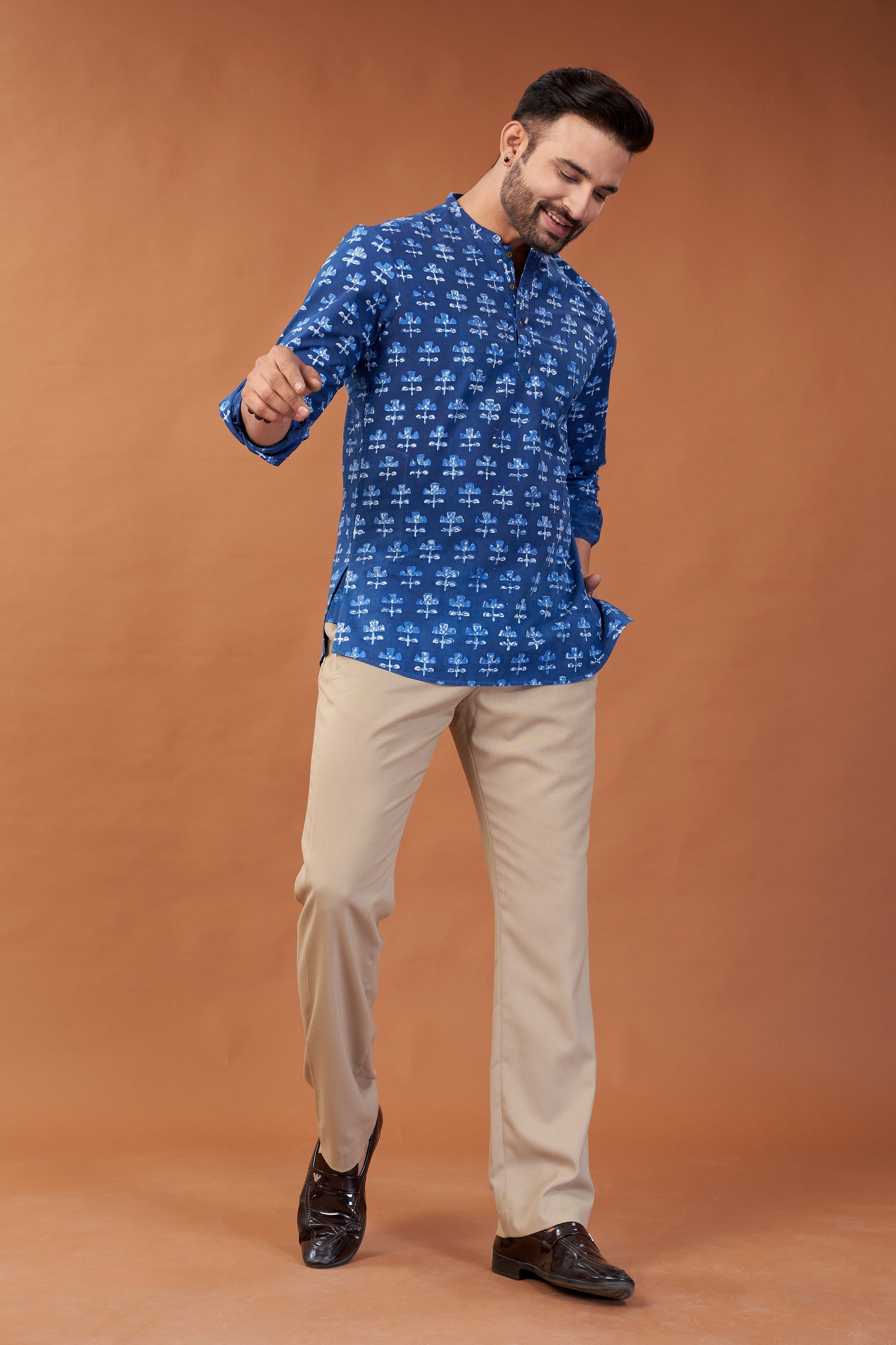 Ajrakh Blue Floral Kurta Shirt - Dedhia House