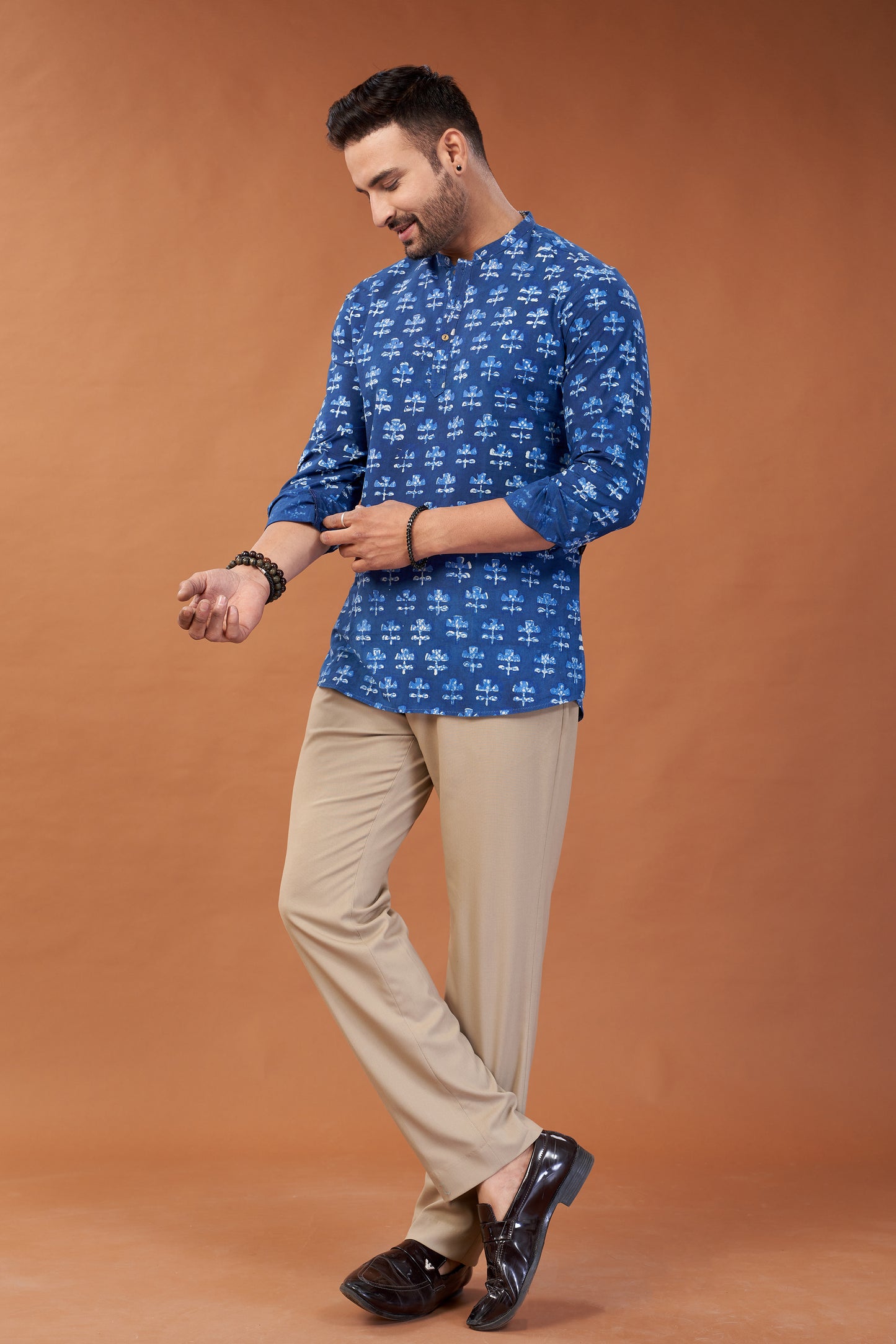 Ajrakh Blue Floral Kurta Shirt - Dedhia House