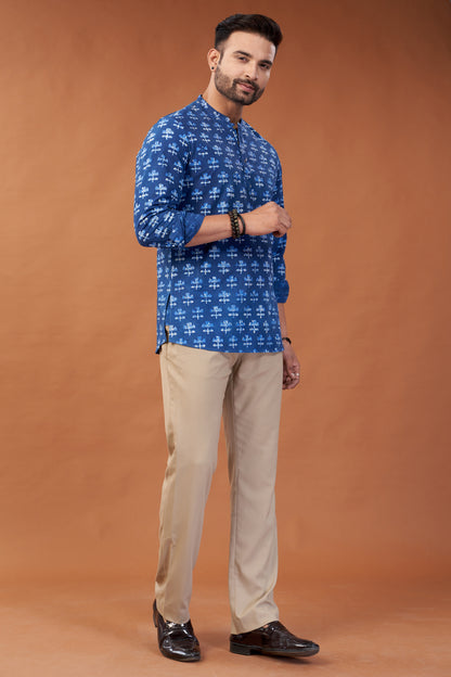 Ajrakh Blue Floral Kurta Shirt - Dedhia House