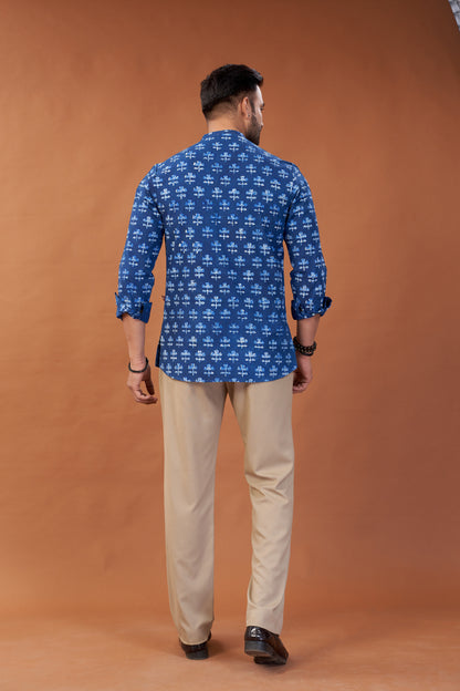 Ajrakh Blue Floral Kurta Shirt - Dedhia House