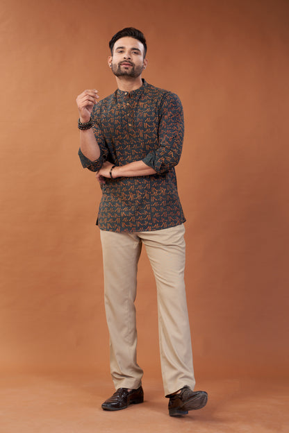 Ajrakh Dark Green Kurta Shirt - Dedhia House