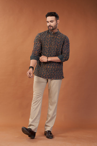 Ajrakh Dark Green Kurta Shirt - Dedhia House