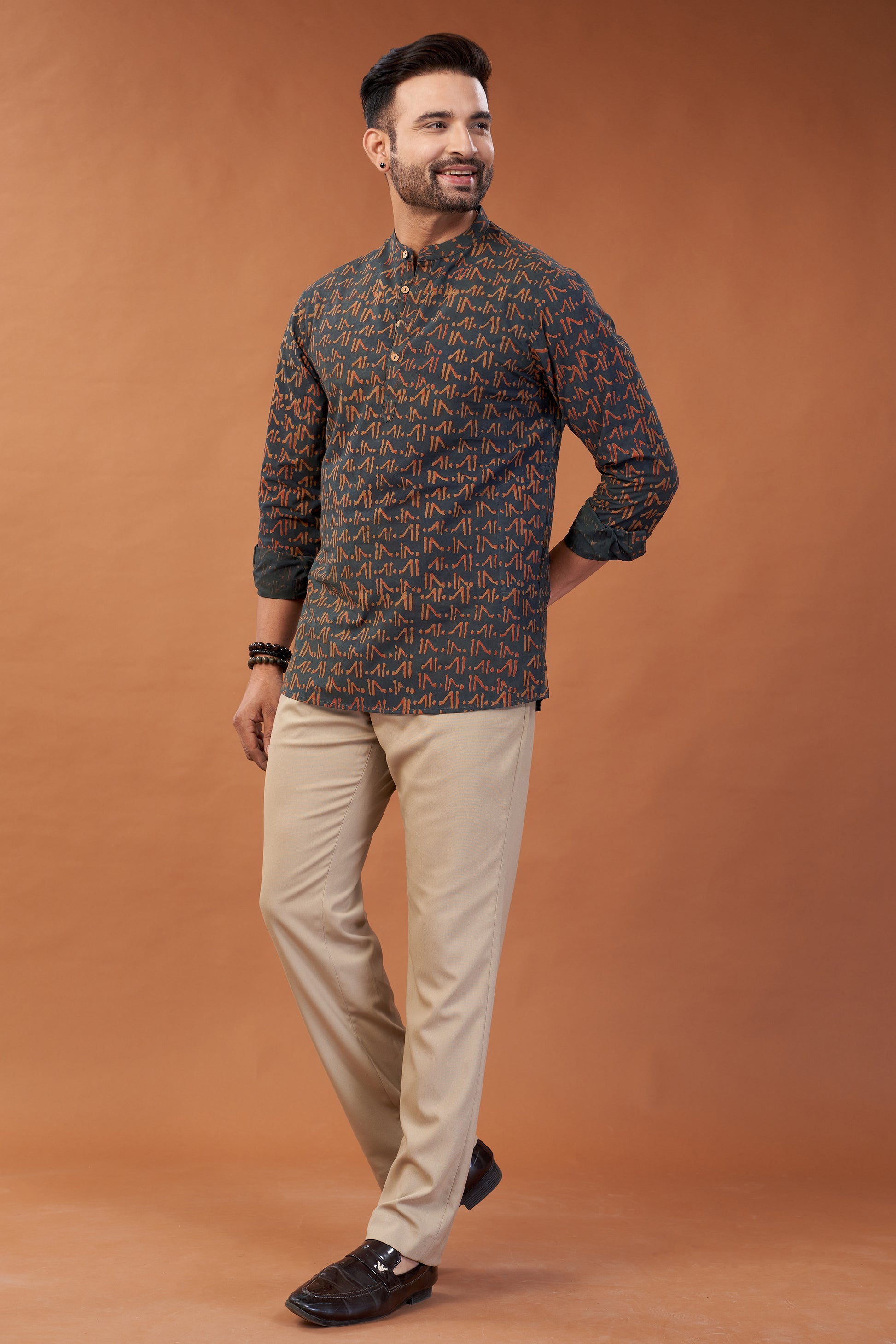 Ajrakh Dark Green Kurta Shirt - Dedhia House