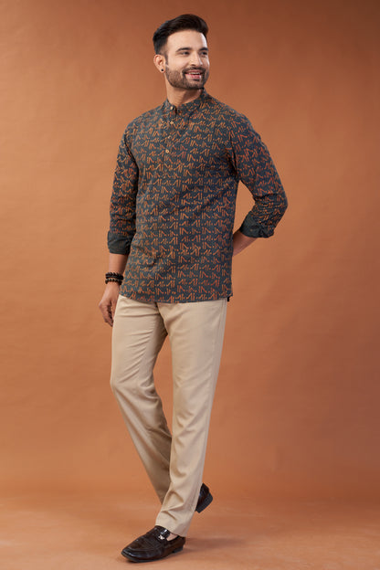 Ajrakh Dark Green Kurta Shirt - Dedhia House