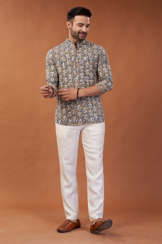 Ajrakh Beige Kurta Shirt - Dedhia House