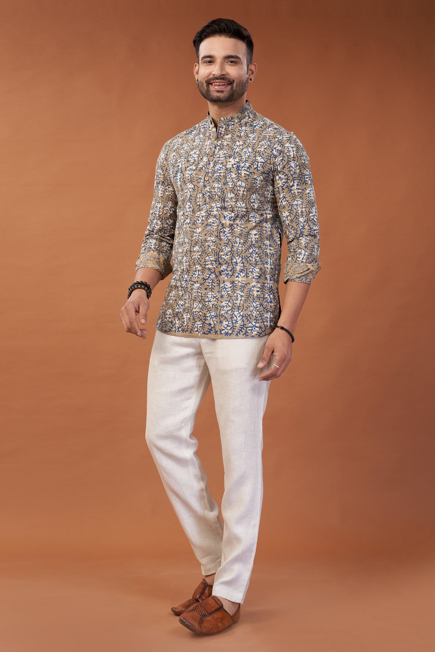 Ajrakh Beige Kurta Shirt - Dedhia House