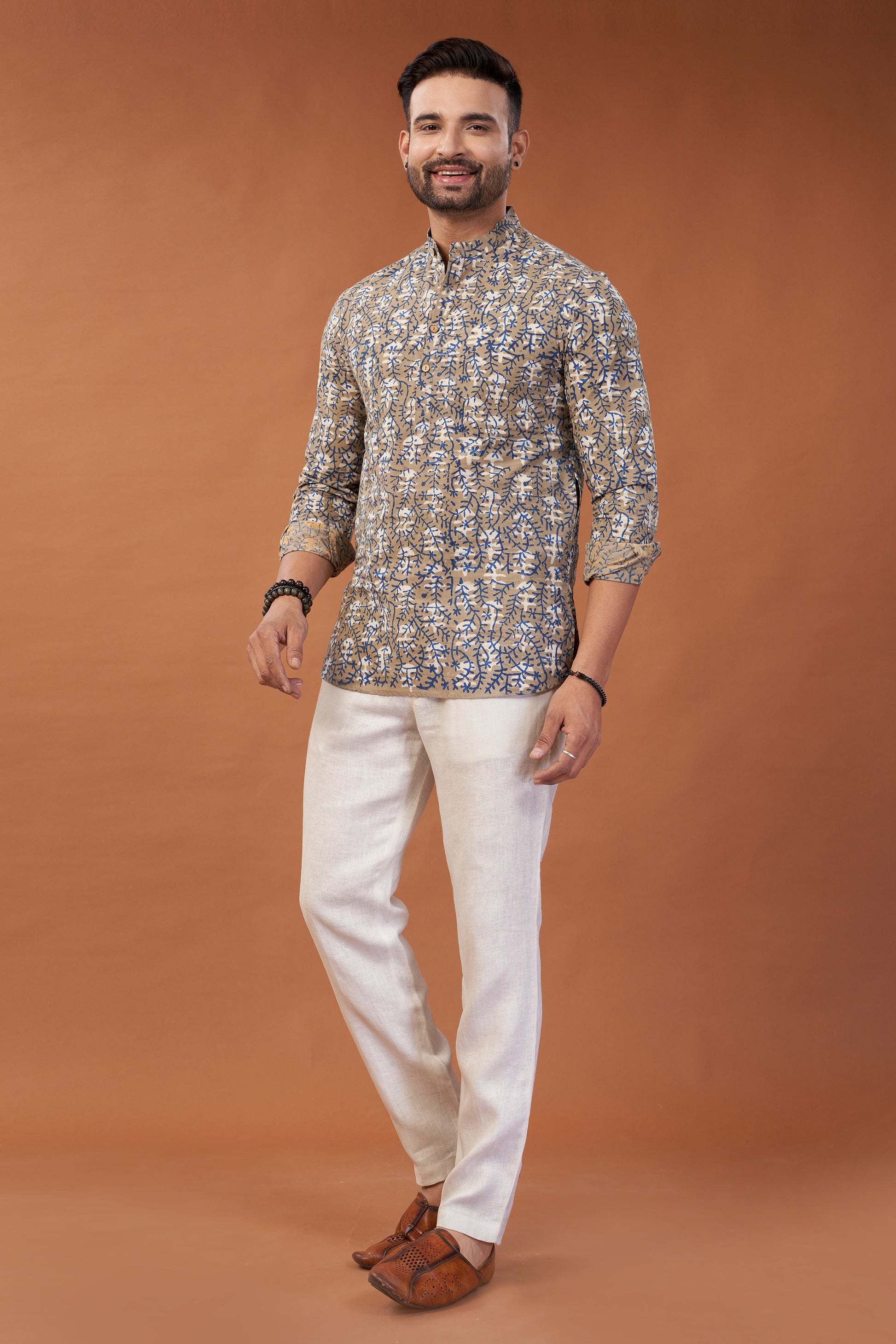 Ajrakh Beige Kurta Shirt - Dedhia House