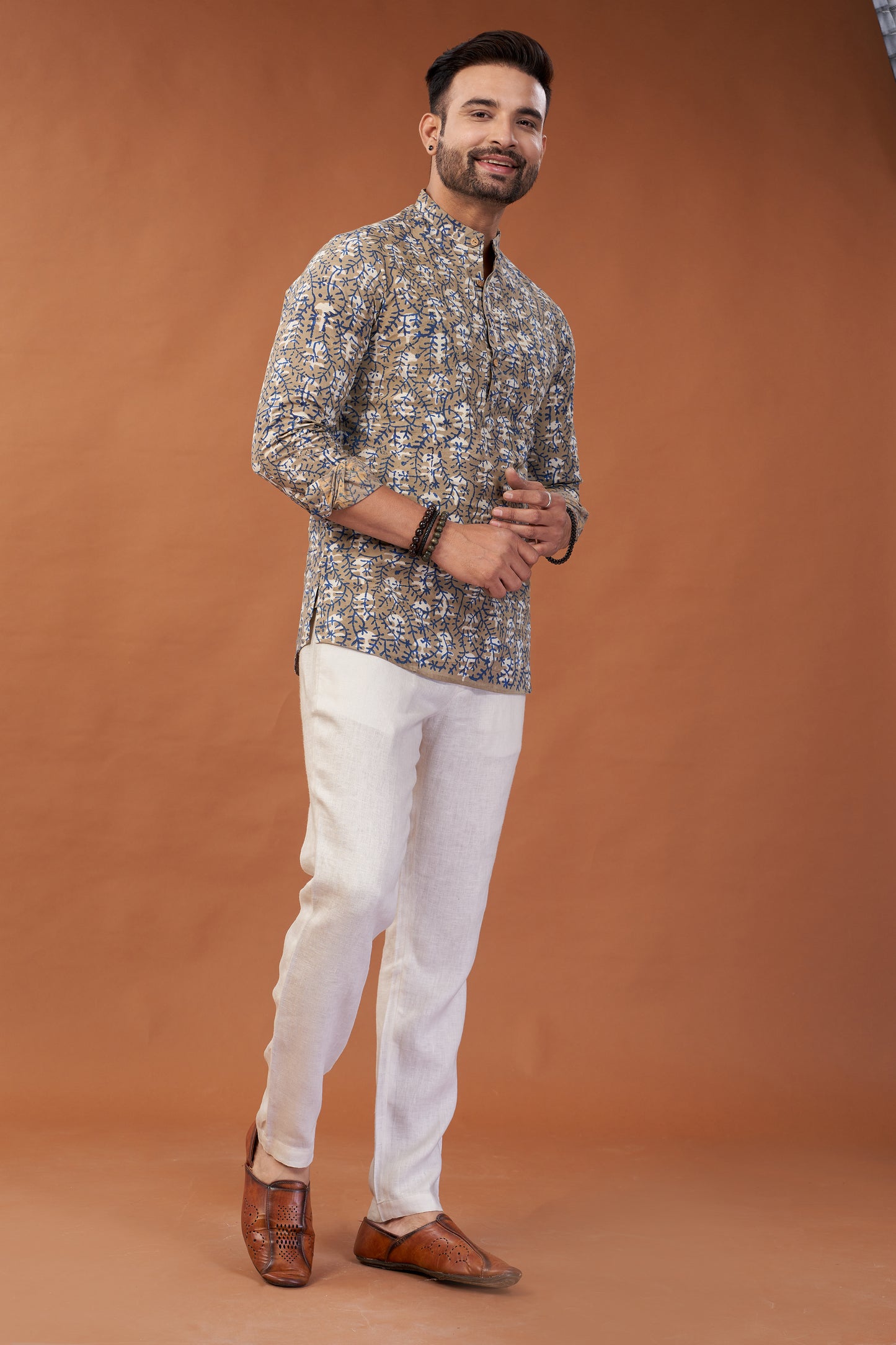 Ajrakh Beige Kurta Shirt - Dedhia House