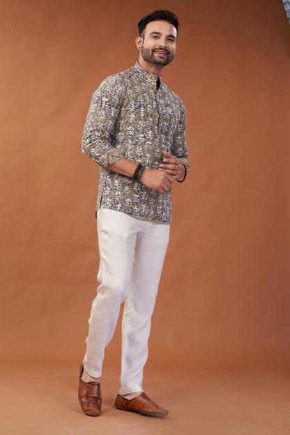Ajrakh Beige Kurta Shirt - Dedhia House
