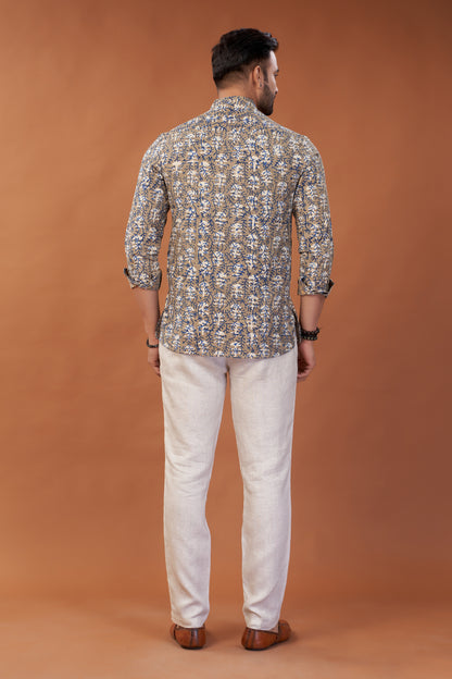 Ajrakh Beige Kurta Shirt - Dedhia House