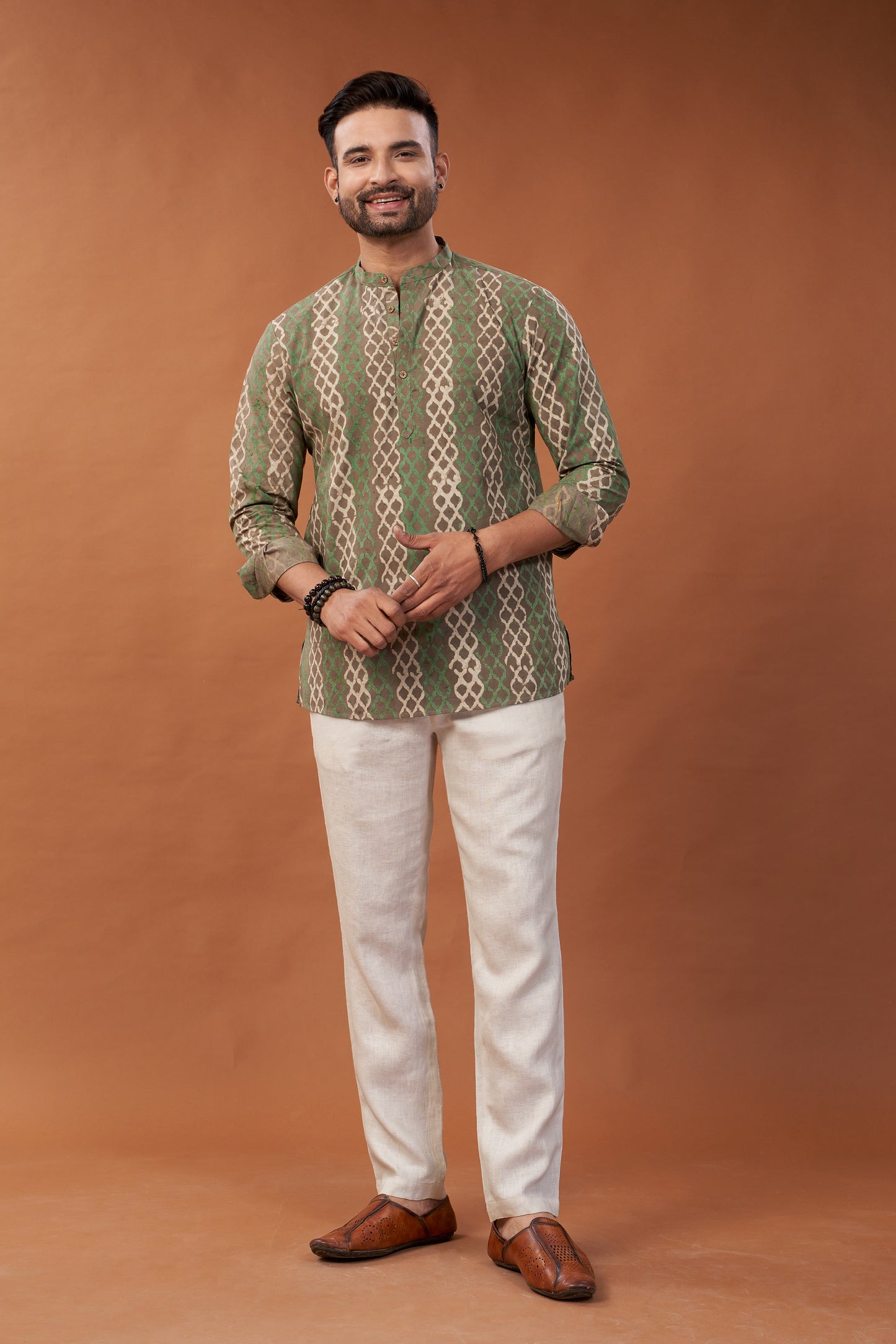Ajrakh Green and Brown Kurta Shirt - Dedhia House
