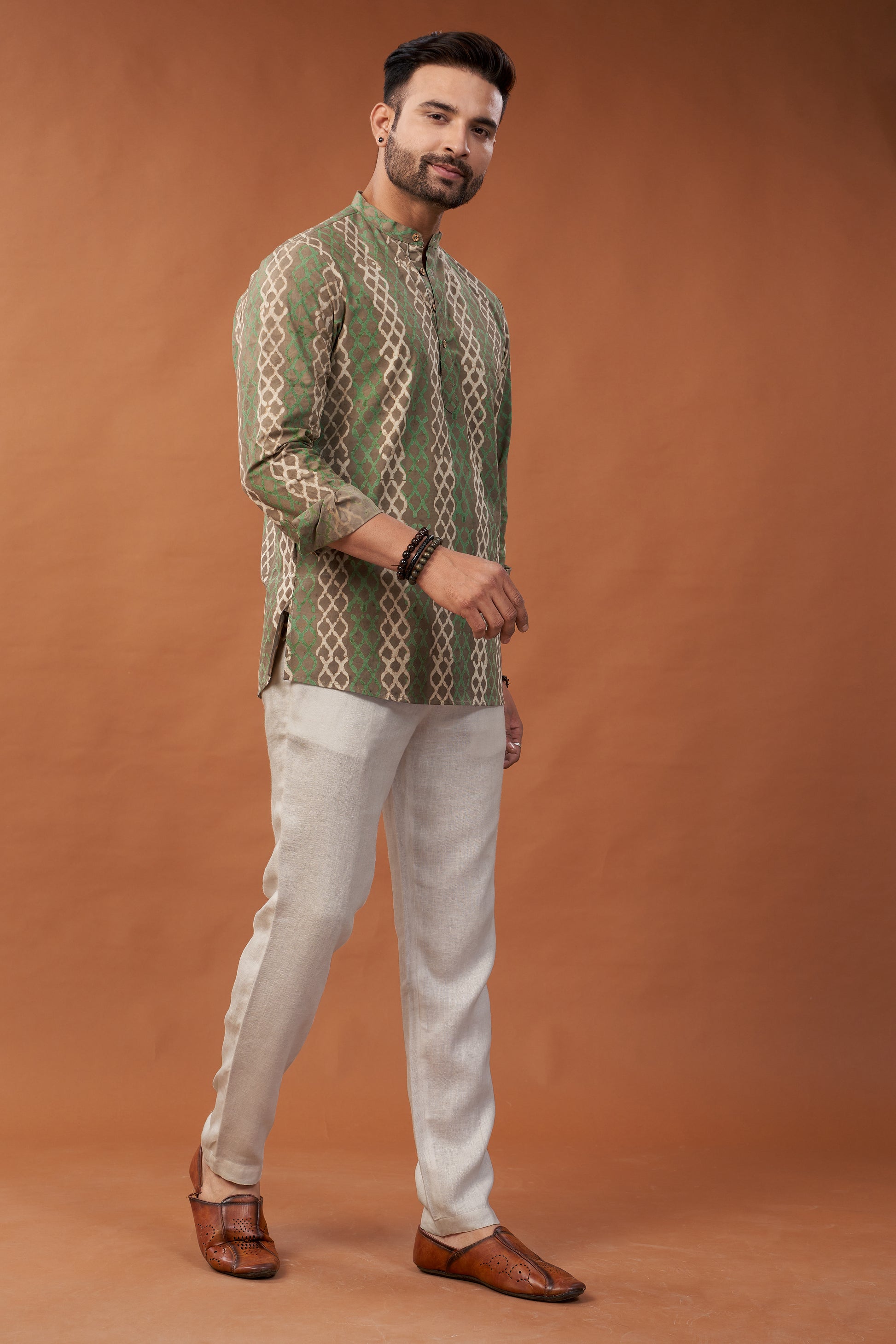 Ajrakh Green and Brown Kurta Shirt - Dedhia House