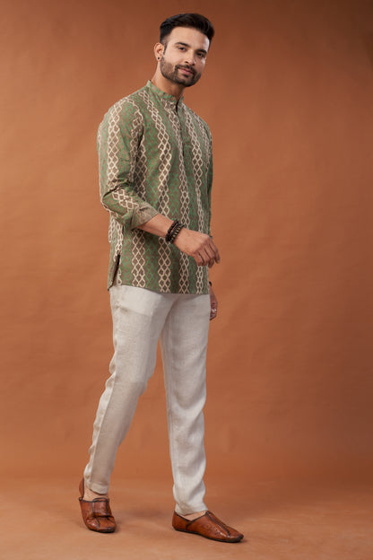 Ajrakh Green and Brown Kurta Shirt - Dedhia House