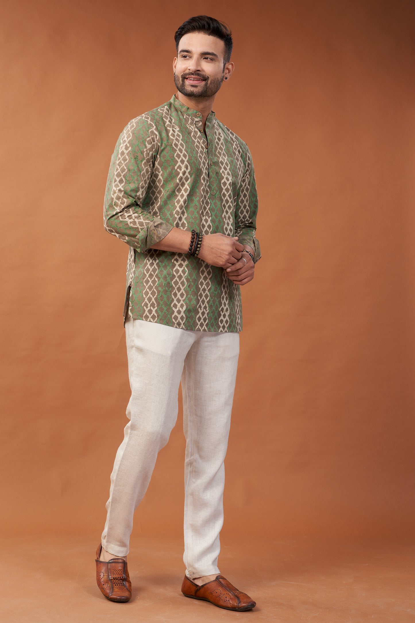 Ajrakh Green and Brown Kurta Shirt - Dedhia House