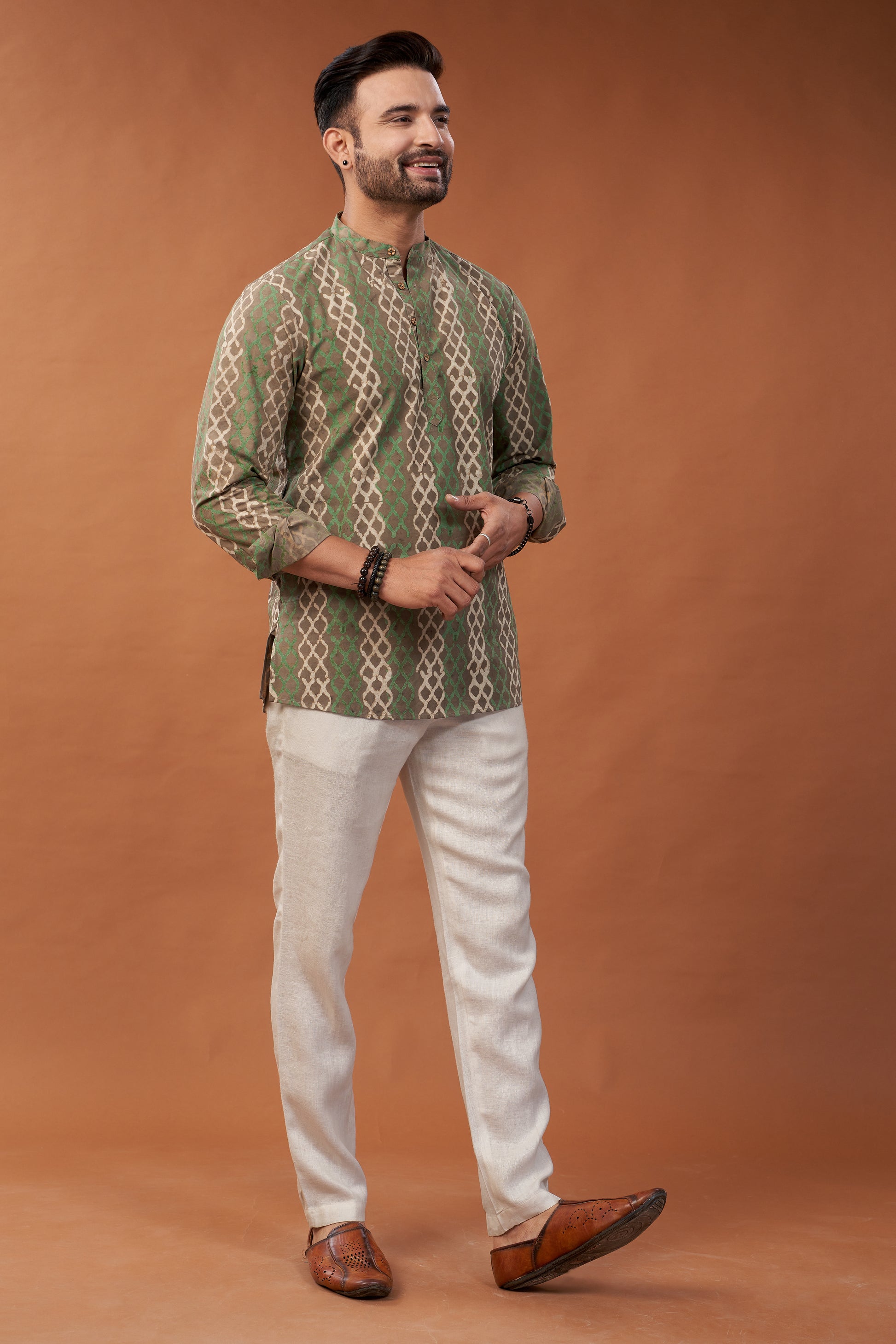 Ajrakh Green and Brown Kurta Shirt - Dedhia House