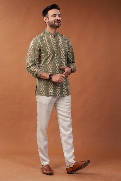 Ajrakh Green and Brown Kurta Shirt - Dedhia House