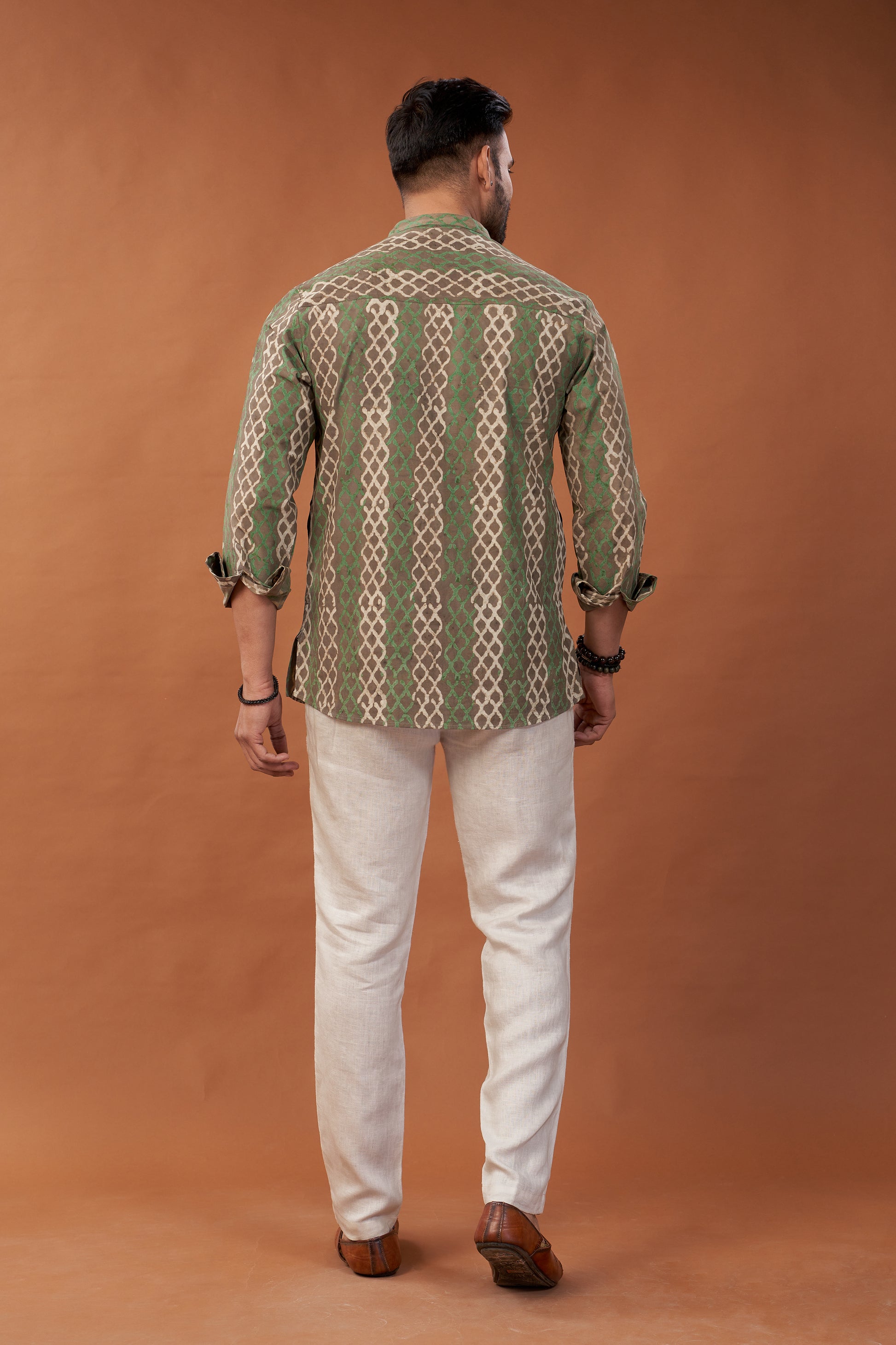 Ajrakh Green and Brown Kurta Shirt - Dedhia House