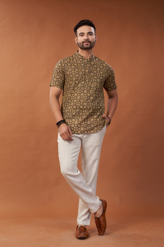 Ajrakh Brown Kurta T-Shirt - Dedhia House