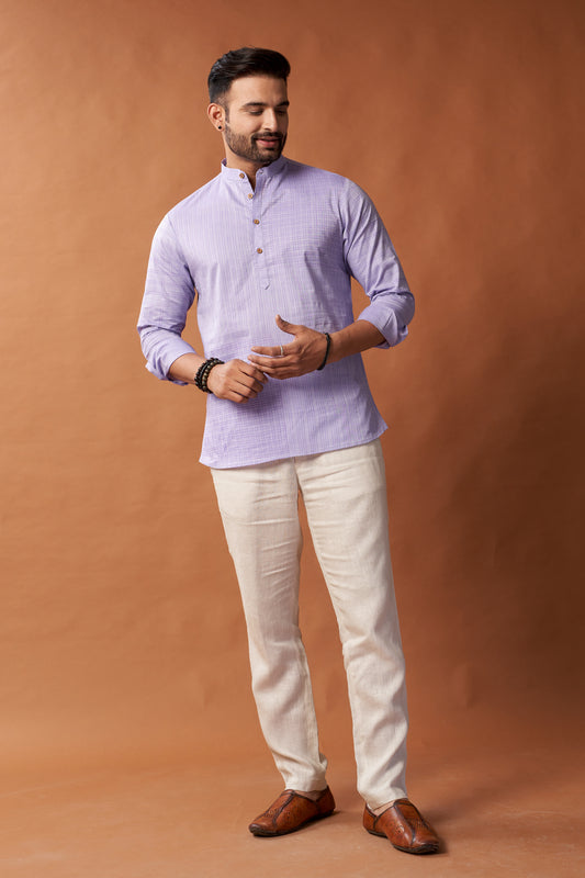 Short Block Printed Lavender Kurta Shirt - Dedhia House