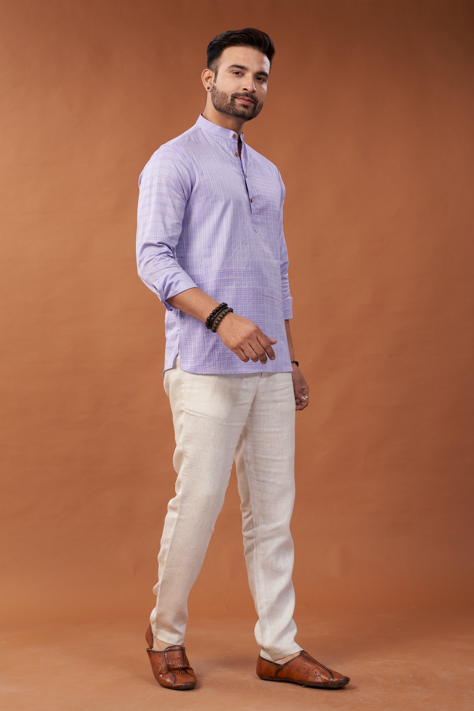 Short Block Printed Lavender Kurta Shirt - Dedhia House