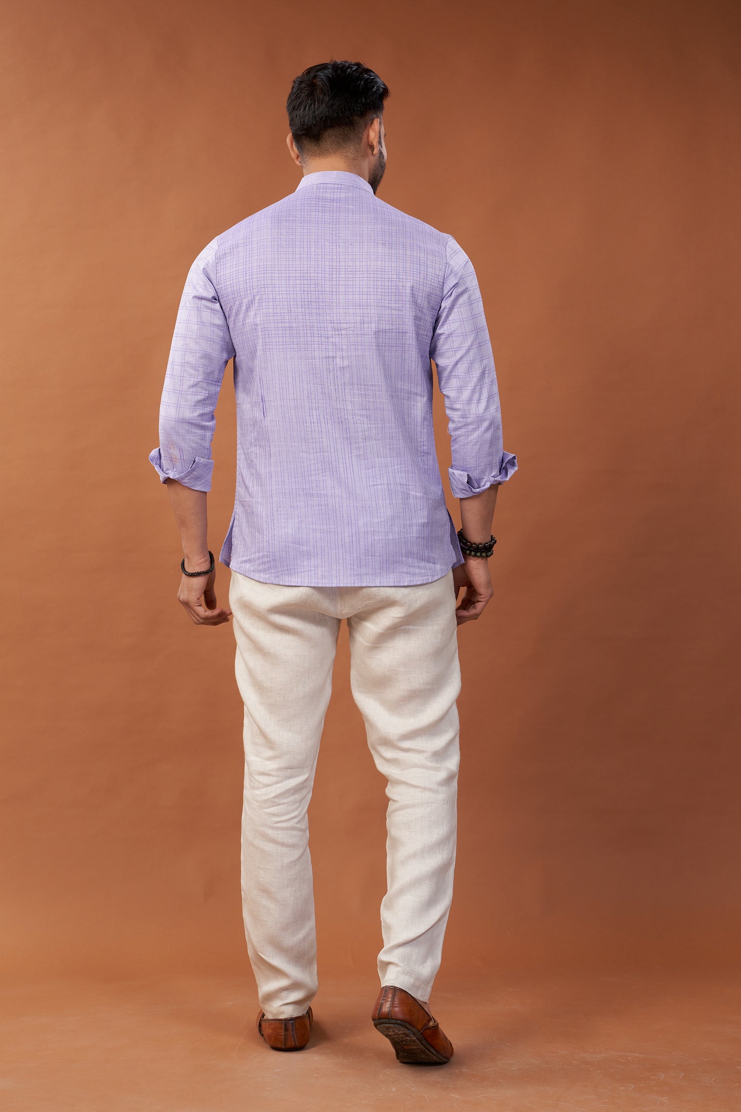 Short Block Printed Lavender Kurta Shirt - Dedhia House