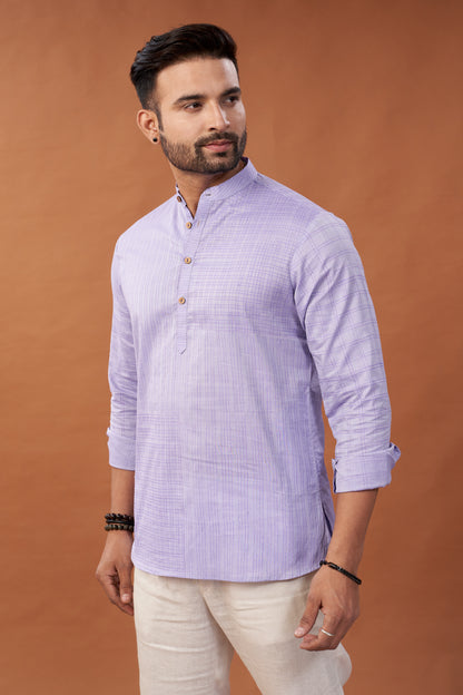 Short Block Printed Lavender Kurta Shirt - Dedhia House