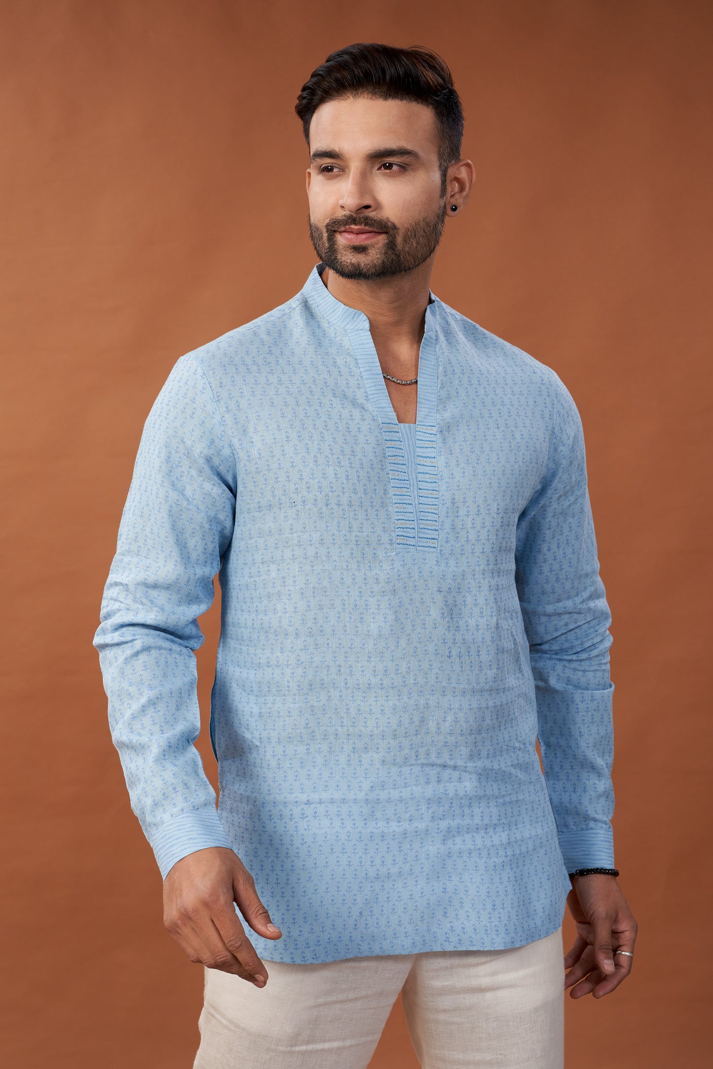 100% Pure Linen Block Printed Lavende Kurta Shirt with Embroidery - Dedhia House