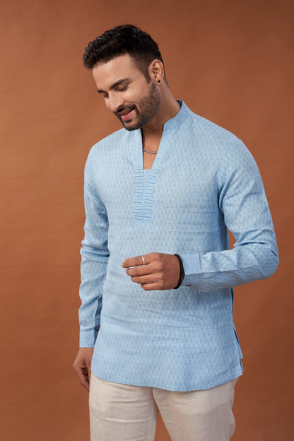 100% Pure Linen Block Printed Lavende Kurta Shirt with Embroidery - Dedhia House