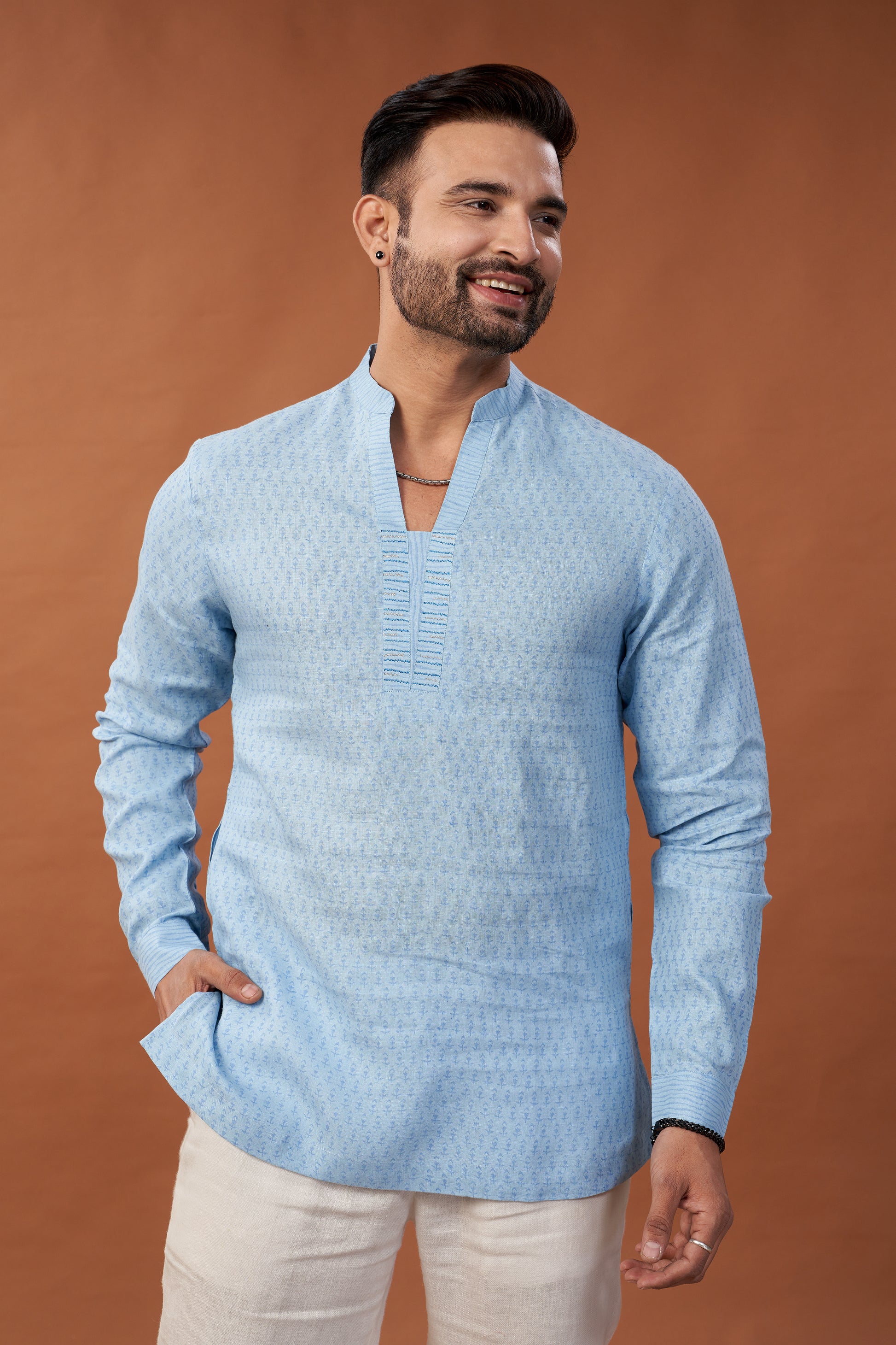 100% Pure Linen Block Printed Lavende Kurta Shirt with Embroidery - Dedhia House