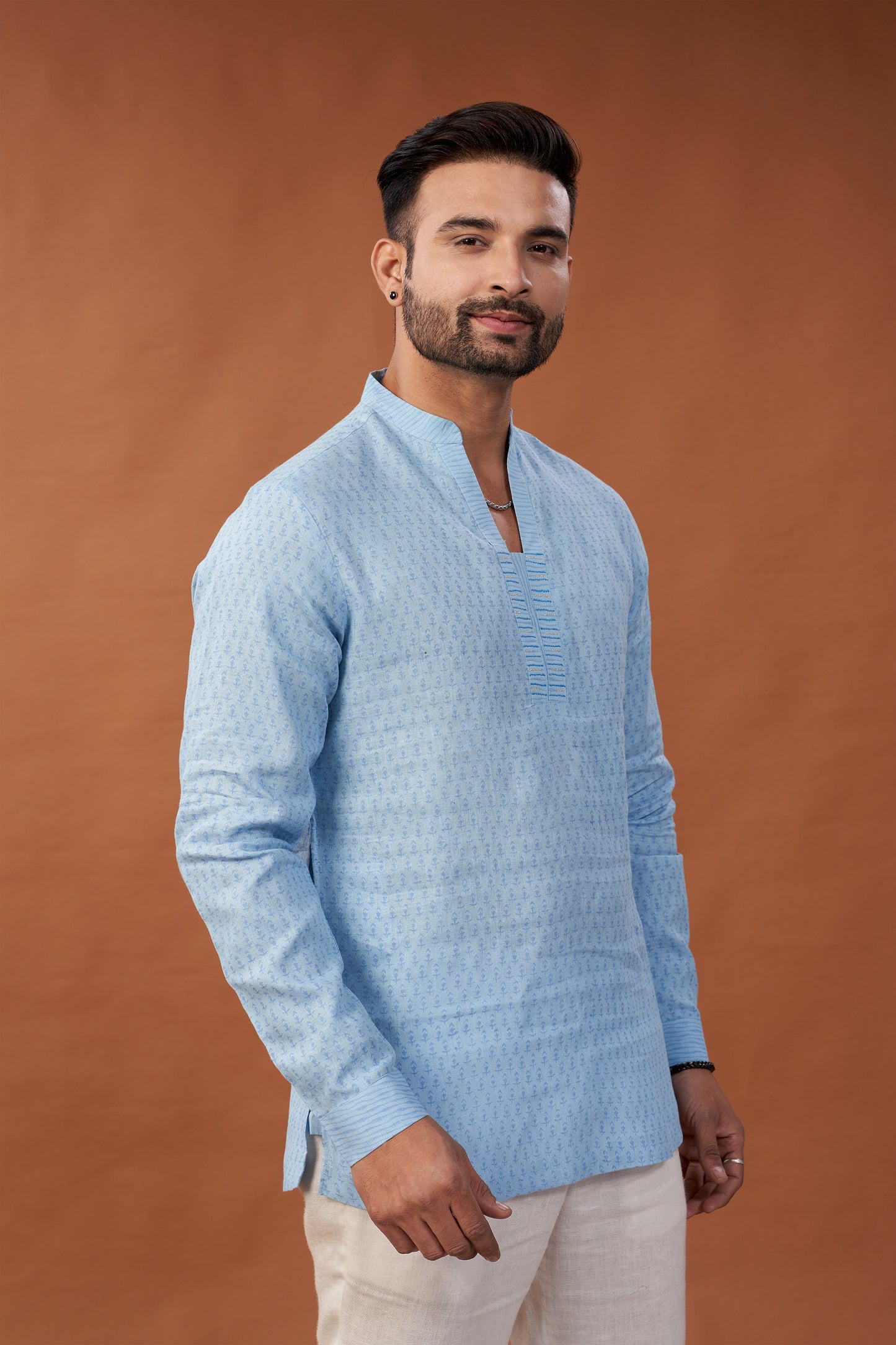 100% Pure Linen Block Printed Lavende Kurta Shirt with Embroidery - Dedhia House