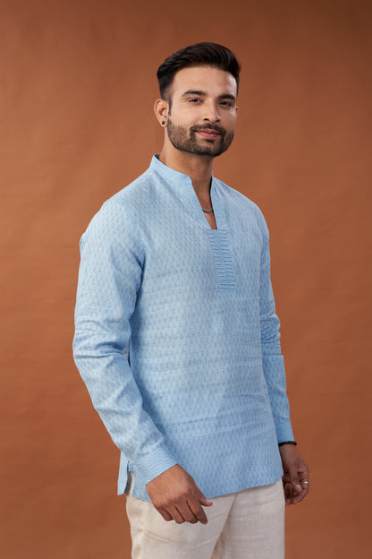 100% Pure Linen Block Printed Lavende Kurta Shirt with Embroidery - Dedhia House