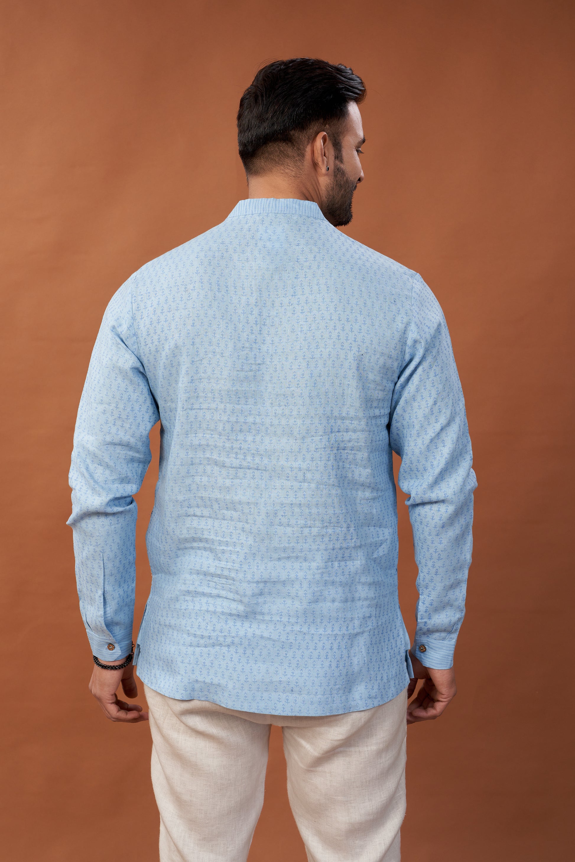 100% Pure Linen Block Printed Lavende Kurta Shirt with Embroidery - Dedhia House