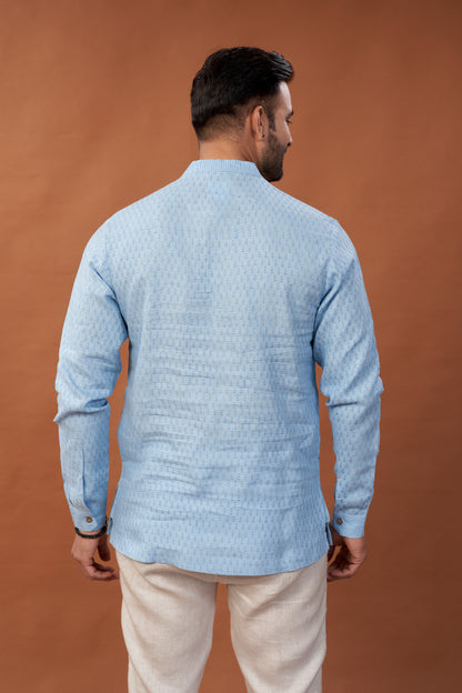 100% Pure Linen Block Printed Lavende Kurta Shirt with Embroidery - Dedhia House