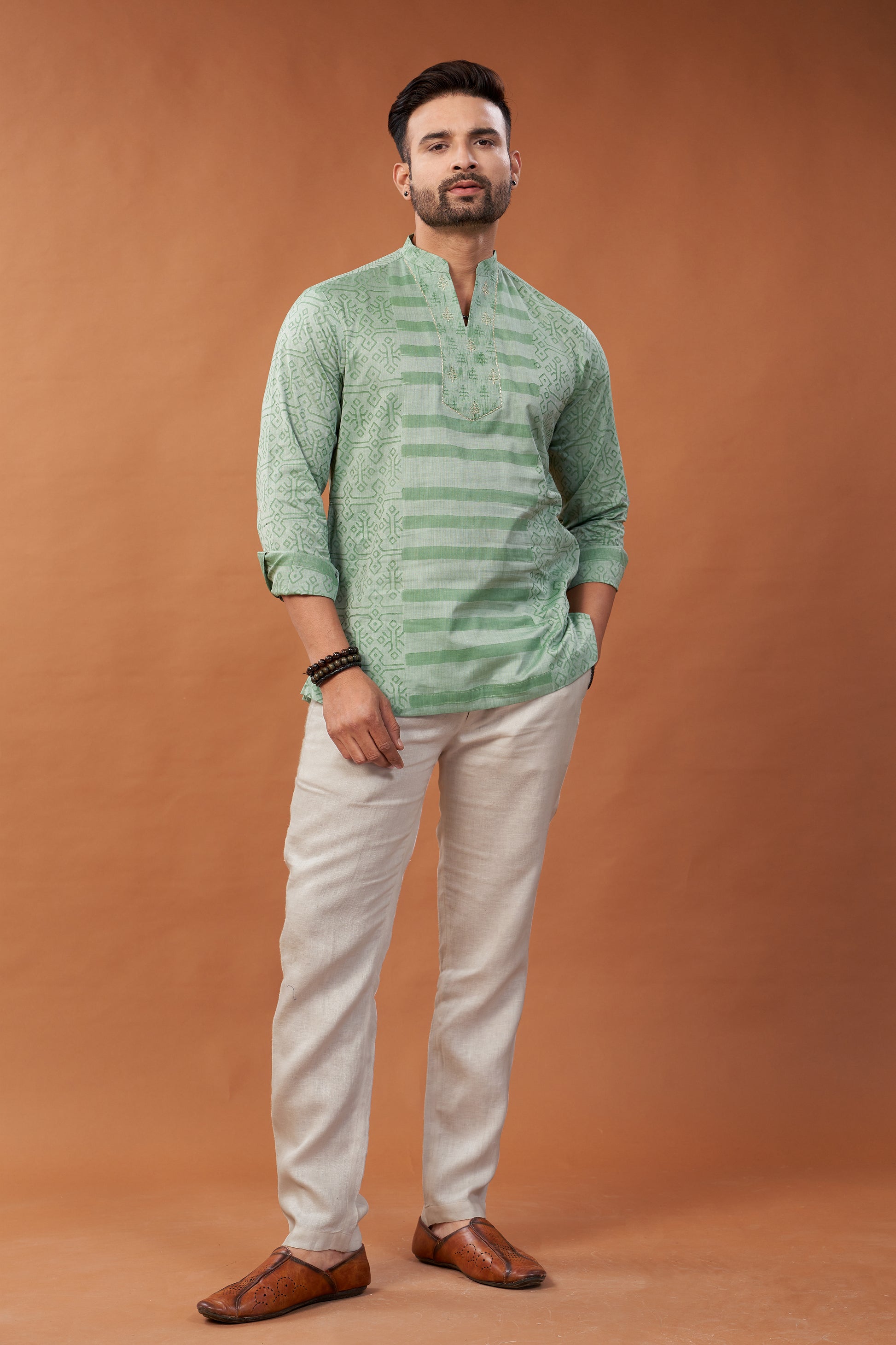 Short Block Printed Green Kurta - Dedhia House