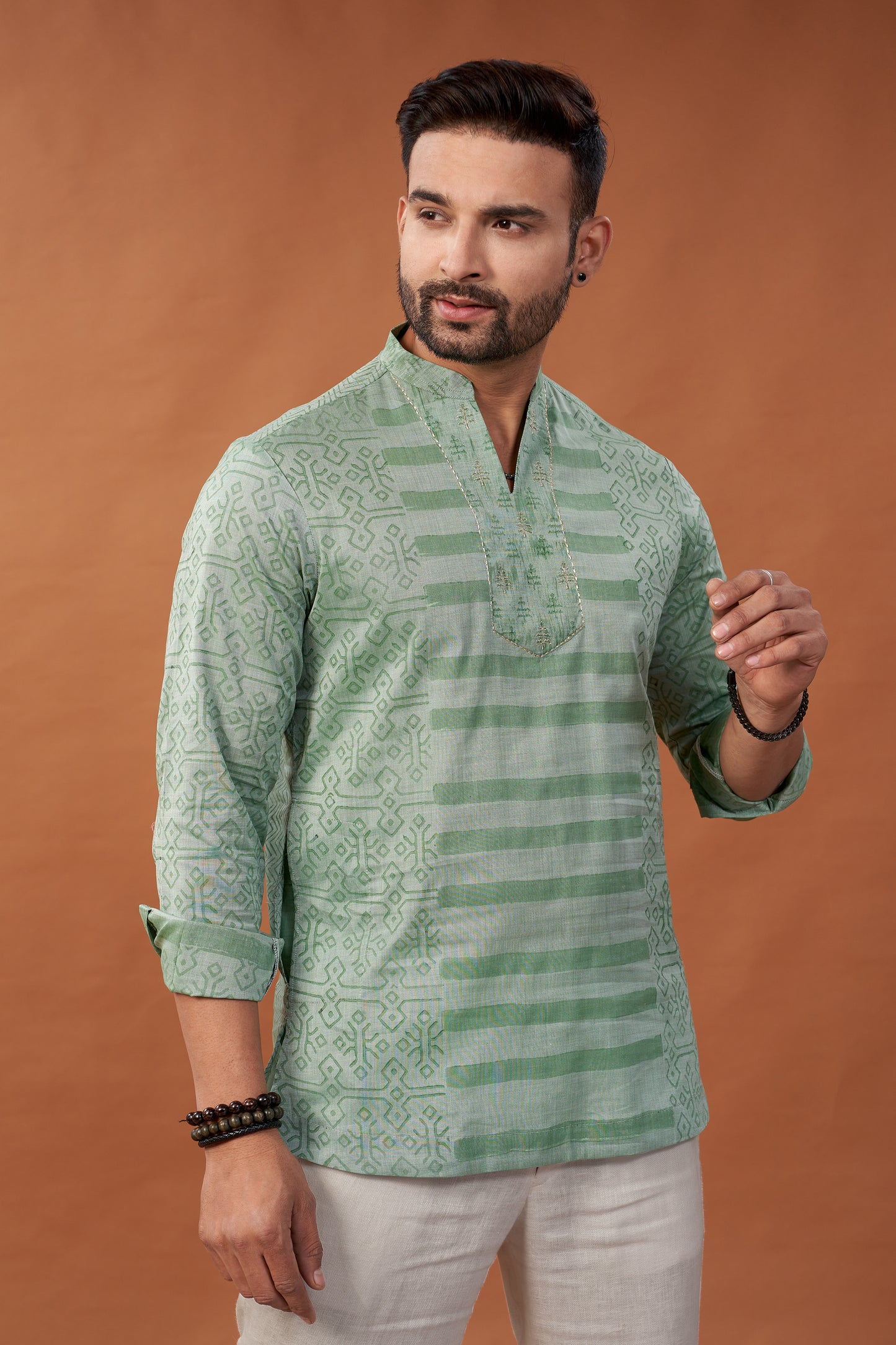 Short Block Printed Green Kurta - Dedhia House