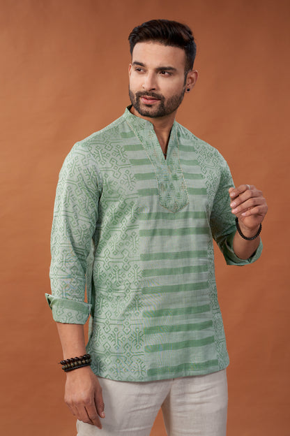 Short Block Printed Green Kurta - Dedhia House