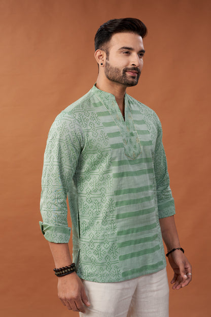 Short Block Printed Green Kurta - Dedhia House