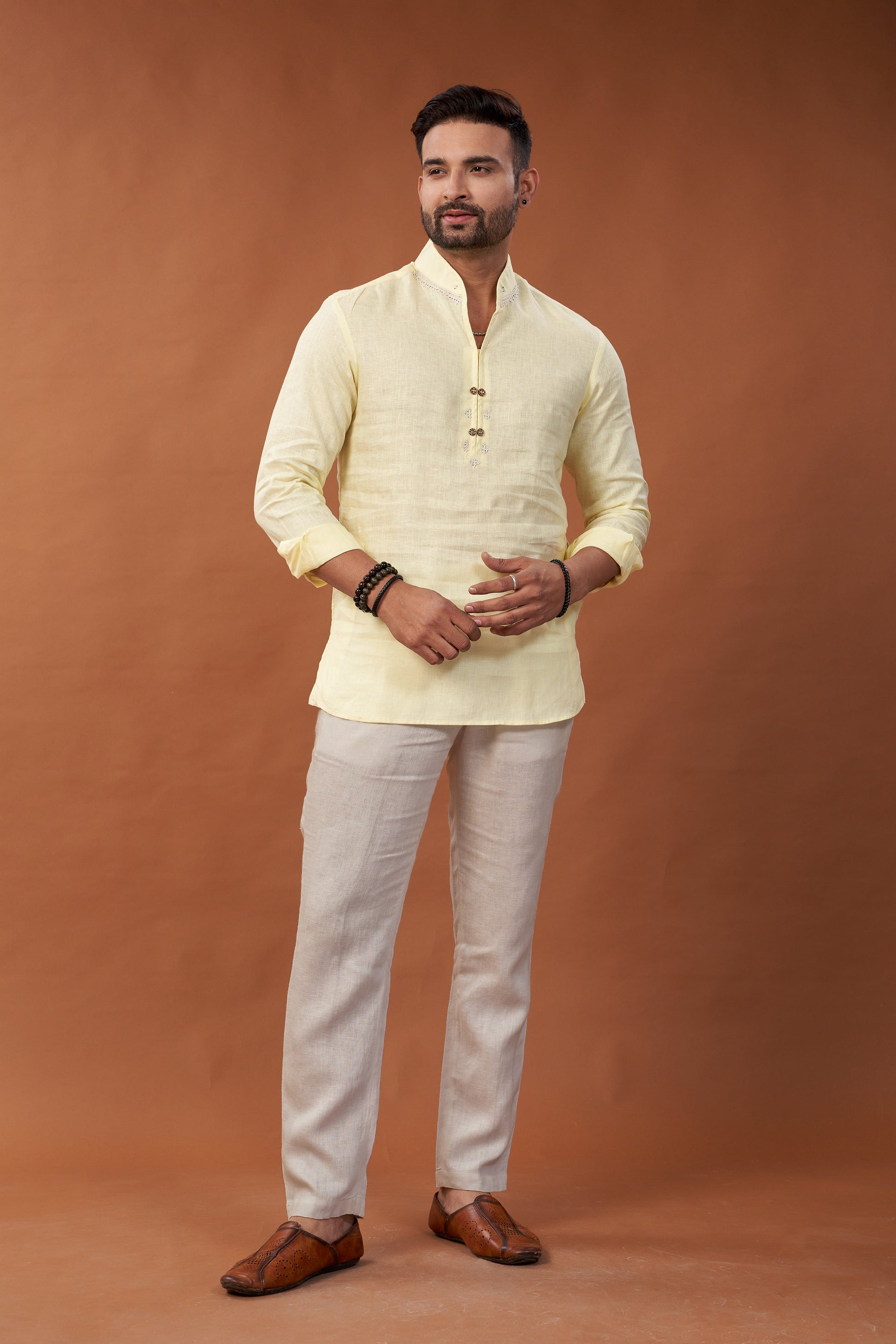 100% Pure Linen Yellow Short Kurta Shirt - Dedhia House