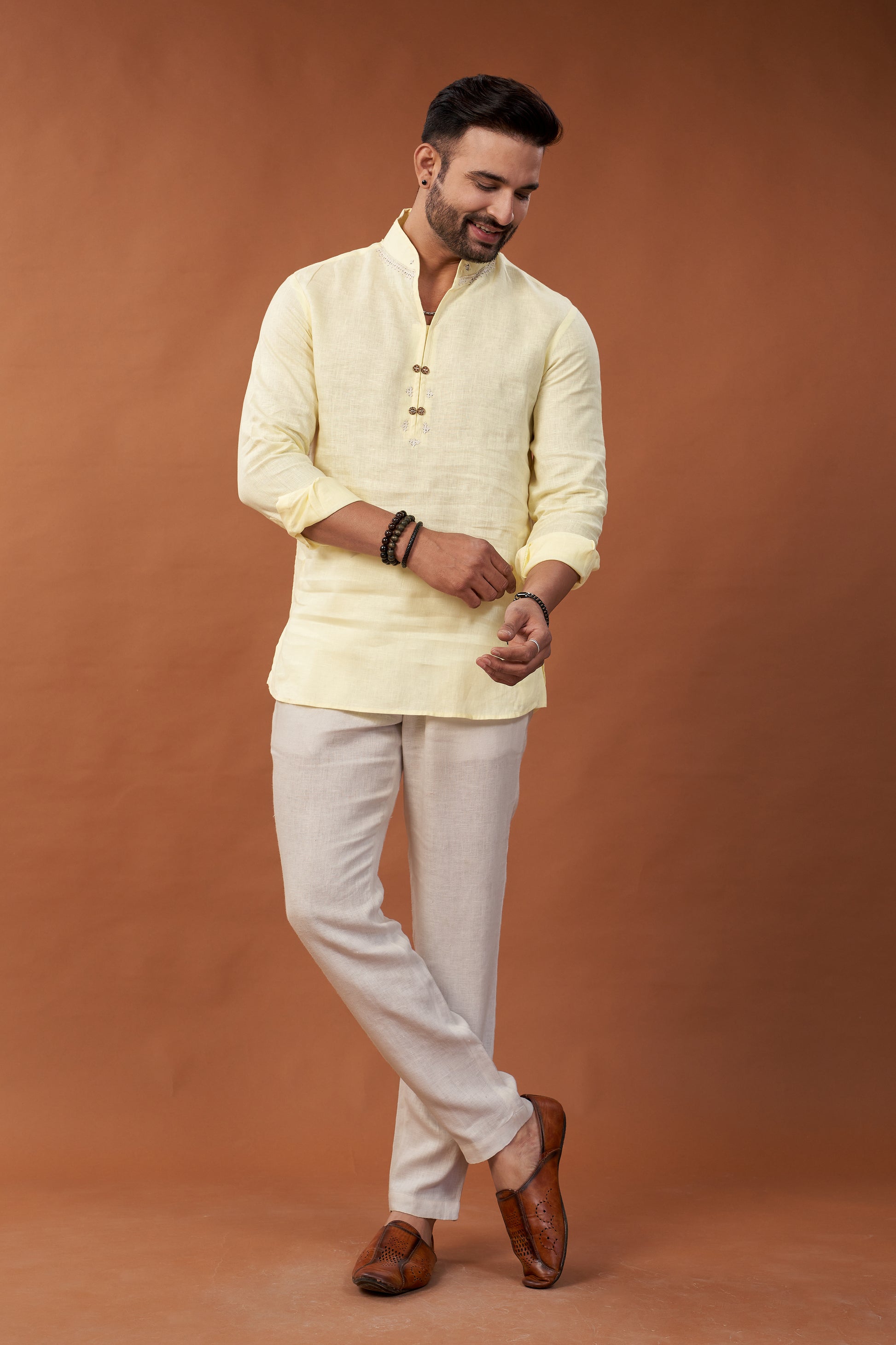 100% Pure Linen Yellow Short Kurta Shirt - Dedhia House
