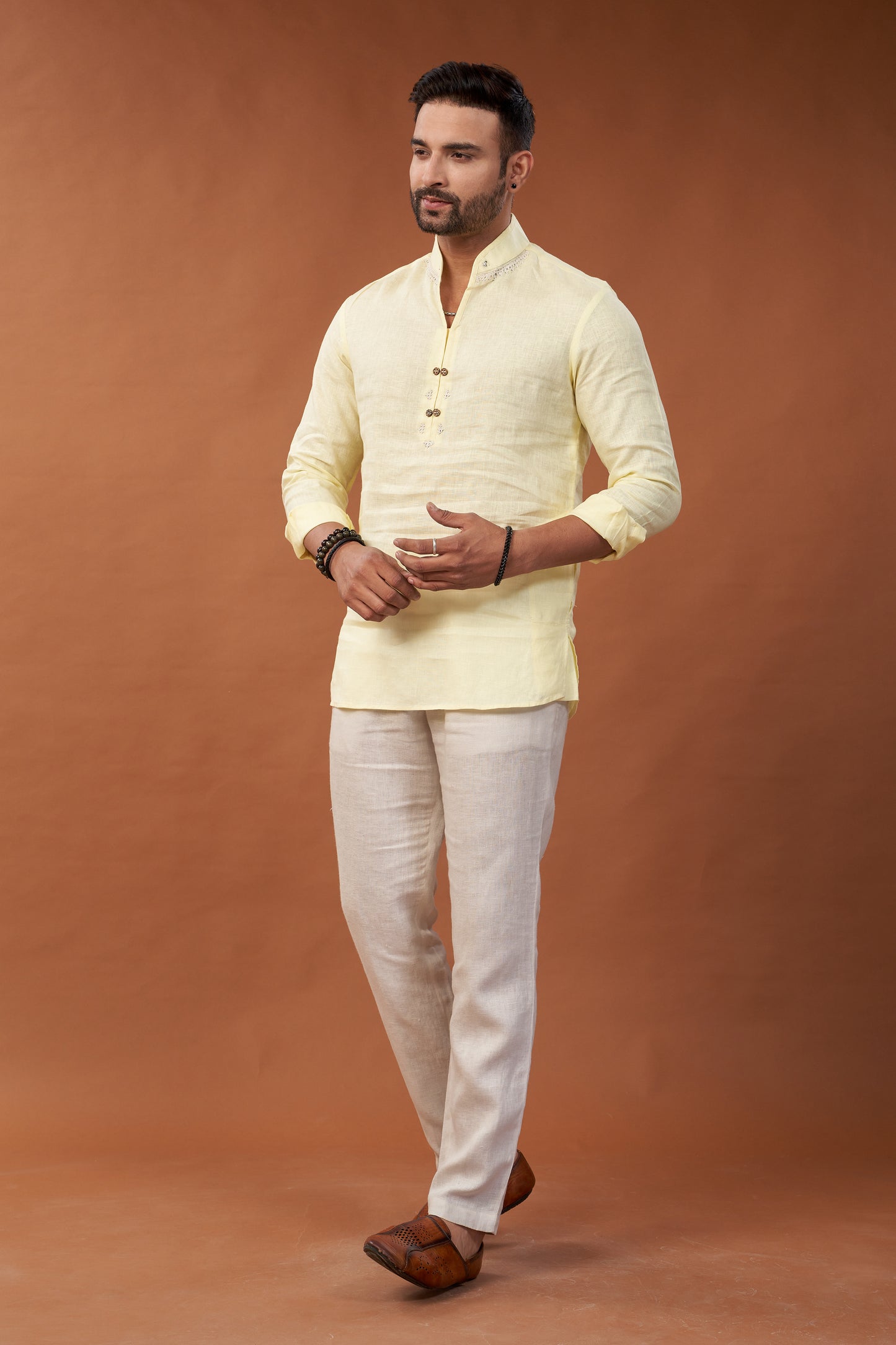 100% Pure Linen Yellow Short Kurta Shirt - Dedhia House